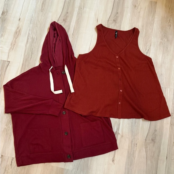 torrid Tops - Button front Hoodie Red Ribbed Knit Soft Lounge Satin Ties with matching tank